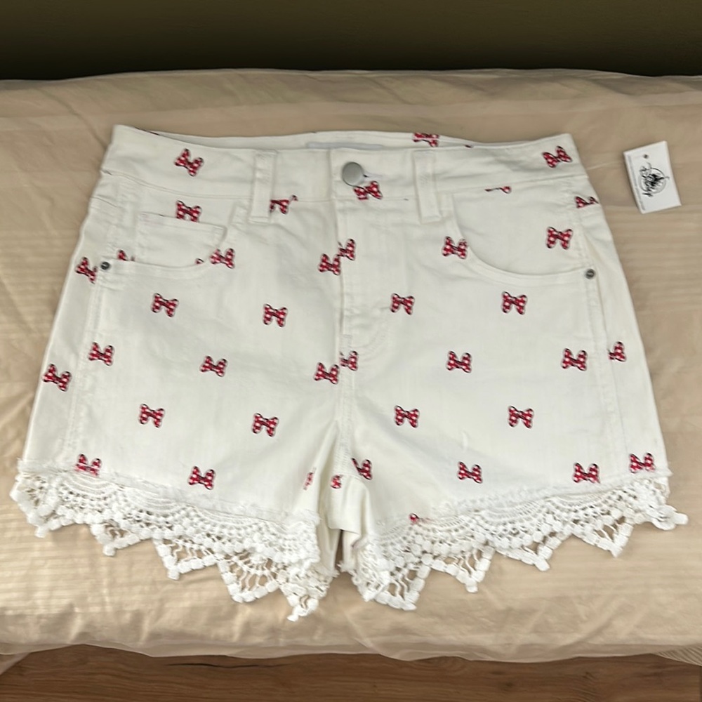 White Lace Trimmed Shorts with Red Bow Pattern